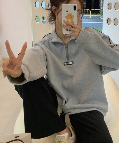 meJane（ミージェーン）の「バイカラーラインハーフジップアップ裏起毛スウェットトレーナー（スウェット・レディース・ホワイト/ブラック/グレイッシュベージュ/グレー・FREE）」の19枚目の写真