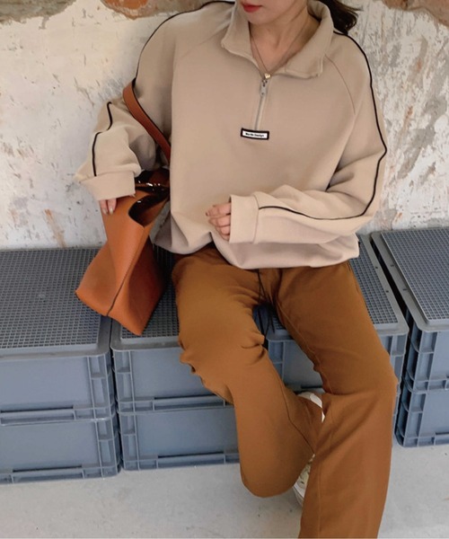 meJane（ミージェーン）の「バイカラーラインハーフジップアップ裏起毛スウェットトレーナー（スウェット・レディース・ホワイト/ブラック/グレイッシュベージュ/グレー・FREE）」の12枚目の写真