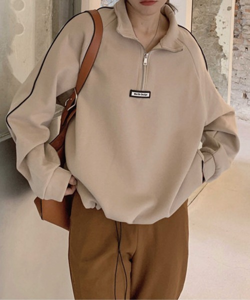 meJane（ミージェーン）の「バイカラーラインハーフジップアップ裏起毛スウェットトレーナー（スウェット・レディース・ホワイト/ブラック/グレイッシュベージュ/グレー・FREE）」の8枚目の写真