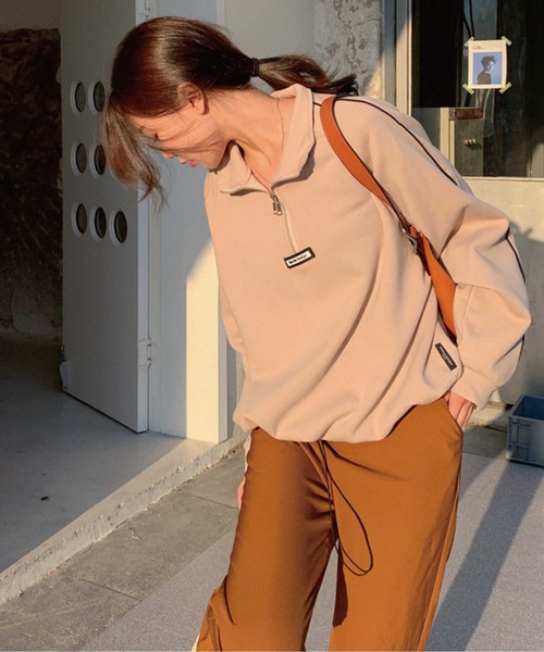 meJane（ミージェーン）の「バイカラーラインハーフジップアップ裏起毛スウェットトレーナー（スウェット・レディース・ホワイト/ブラック/グレイッシュベージュ/グレー・FREE）」の16枚目の写真