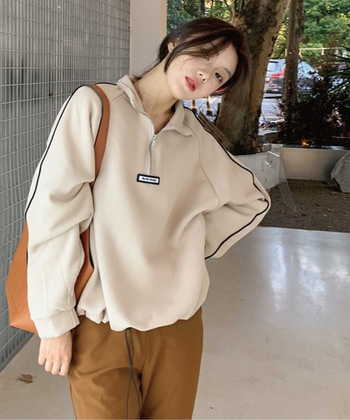 meJane（ミージェーン）の「バイカラーラインハーフジップアップ裏起毛スウェットトレーナー（スウェット・レディース・ホワイト/ブラック/グレイッシュベージュ/グレー・FREE）」の20枚目の写真