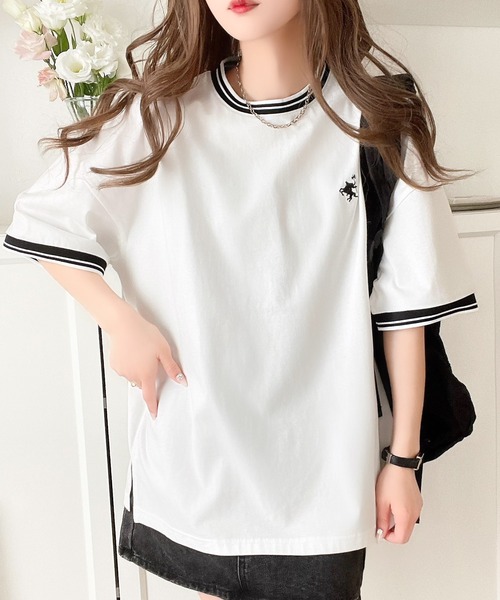 Java（ジャバ）の「《JaVa ジャバコラボ》夏に大活躍！大人のこなれカジュアル。綿100%シルケット 配色刺繍 オーバーサイズ シンプル半袖Tシャツ（Tシャツ/カットソー・レディース・オフホワイト/アイボリー/グレイッシュベージュ/ネイビー/グリーン/ブラック/ホワイト×ブラック/ブルー/ピンク・MEDIUM/LARGE/SMALL/X-LARGE）」の19枚目の写真