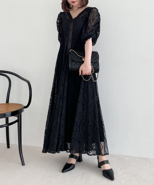Heather（ヘザー）の「【オケージョン】パネルレースフレアワンピース　964207（ドレス・レディース・ブラック/オフホワイト/グレー・FREE）」の2枚目の写真