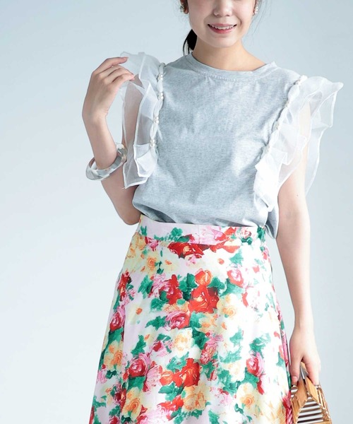 Sawa a la mode(サワアラモード)の「オーガンジーフリル袖カットソー(Tシャツ/カットソー・レディース・グレー/ブラック/パープル・FREE)」の2枚目の写真