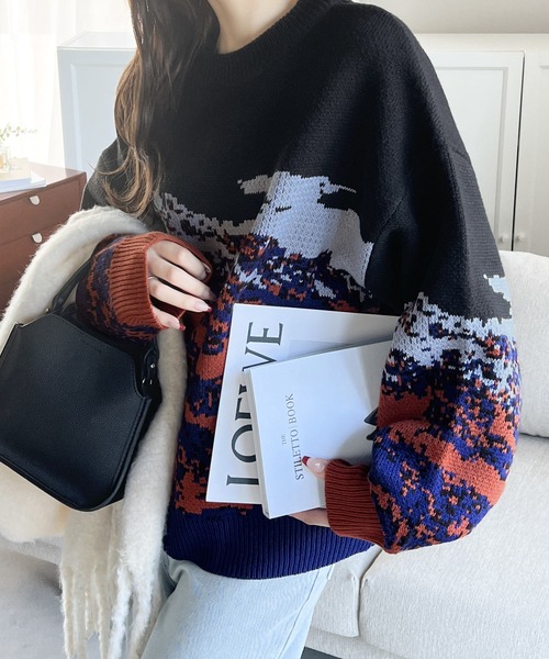 セール】着こなしにアクセント！ ジャガード風景柄ニット（ニット