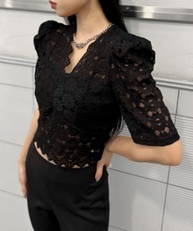 Puff shoulder short sleeve lace tops / パフショルダーショートスリーブレーストップス