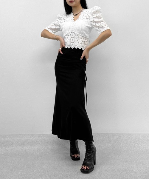 LVEU.(ラブユ.)の「Puff shoulder short sleeve lace tops / パフショルダーショートスリーブレーストップス(Tシャツ/カットソー・レディース・ブラック/ホワイト・FREE)」の20枚目の写真