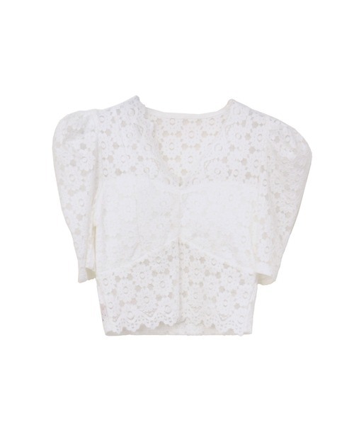 LVEU.(ラブユ.)の「Puff shoulder short sleeve lace tops / パフショルダーショートスリーブレーストップス(Tシャツ/カットソー・レディース・ブラック/ホワイト・FREE)」の11枚目の写真