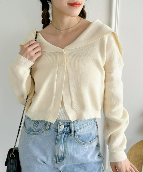 Loueme（ルエム）の「セーラーカラーショートカーディガン（カーディガン/ボレロ・レディース・アイボリー/ベージュ/グレイッシュベージュ・FREE）」の6枚目の写真