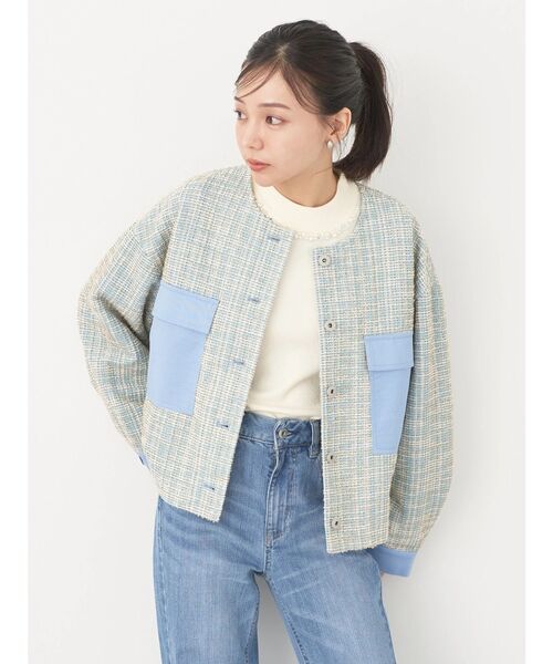 earth music&ecology（アースミュージックアンドエコロジー）の「ツイードジャケット(check)（ノーカラージャケット・レディース・ブルー・FREE）」の3枚目の写真