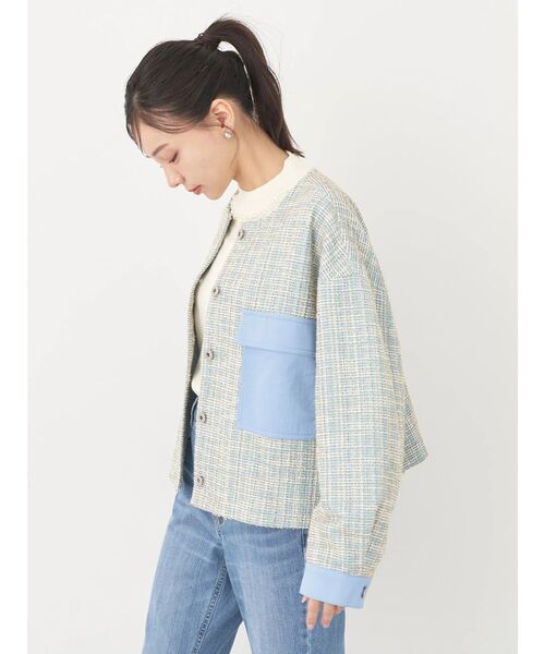 earth music&ecology（アースミュージックアンドエコロジー）の「ツイードジャケット(check)（ノーカラージャケット・レディース・ブルー・FREE）」の4枚目の写真