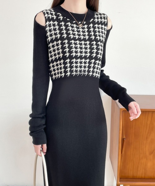 ABITOKYO（アビトーキョー）の「カットアウトスリットチェック柄切替ニットワンピース（ワンピース・レディース・ブラック/チャコールグレー/ブラウン・FREE）」の9枚目の写真