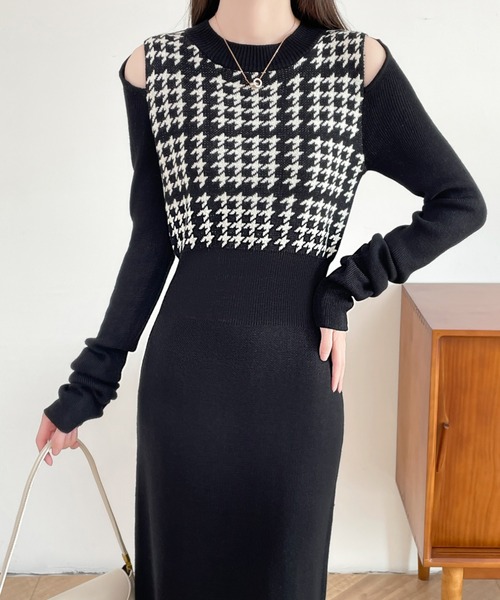 ABITOKYO（アビトーキョー）の「カットアウトスリットチェック柄切替ニットワンピース（ワンピース・レディース・ブラック/チャコールグレー/ブラウン・FREE）」の13枚目の写真