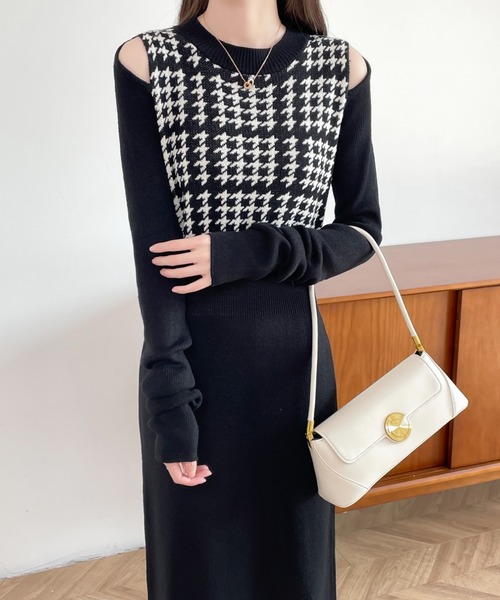 ABITOKYO（アビトーキョー）の「カットアウトスリットチェック柄切替ニットワンピース（ワンピース・レディース・ブラック/チャコールグレー/ブラウン・FREE）」の14枚目の写真