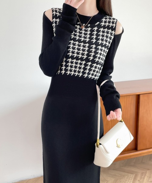 ABITOKYO（アビトーキョー）の「カットアウトスリットチェック柄切替ニットワンピース（ワンピース・レディース・ブラック/チャコールグレー/ブラウン・FREE）」の7枚目の写真