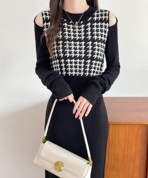 ABITOKYO（アビトーキョー）の「カットアウトスリットチェック柄切替ニットワンピース（ワンピース・レディース・ブラック/チャコールグレー/ブラウン・FREE）」の8枚目の写真