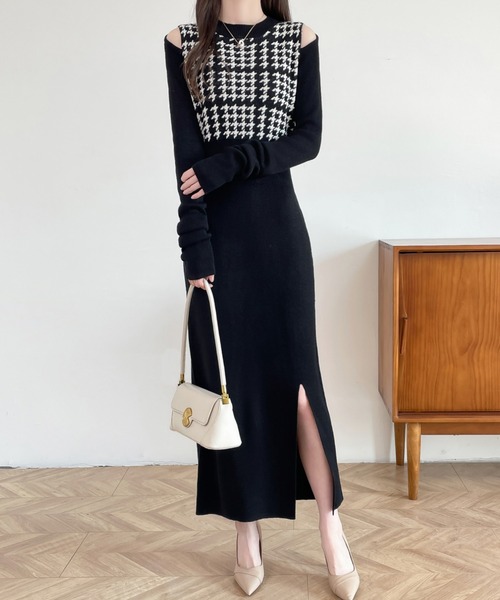 ABITOKYO（アビトーキョー）の「カットアウトスリットチェック柄切替ニットワンピース（ワンピース・レディース・ブラック/チャコールグレー/ブラウン・FREE）」の5枚目の写真