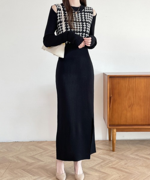 ABITOKYO（アビトーキョー）の「カットアウトスリットチェック柄切替ニットワンピース（ワンピース・レディース・ブラック/チャコールグレー/ブラウン・FREE）」の11枚目の写真