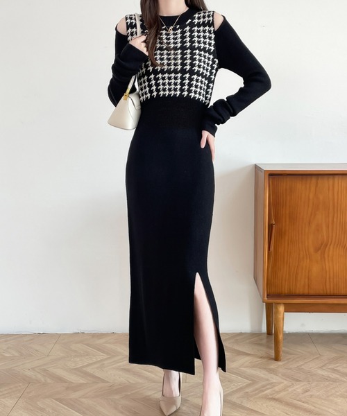 ABITOKYO（アビトーキョー）の「カットアウトスリットチェック柄切替ニットワンピース（ワンピース・レディース・ブラック/チャコールグレー/ブラウン・FREE）」の16枚目の写真