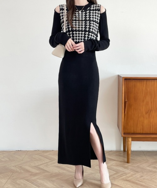 ABITOKYO（アビトーキョー）の「カットアウトスリットチェック柄切替ニットワンピース（ワンピース・レディース・ブラック/チャコールグレー/ブラウン・FREE）」の17枚目の写真
