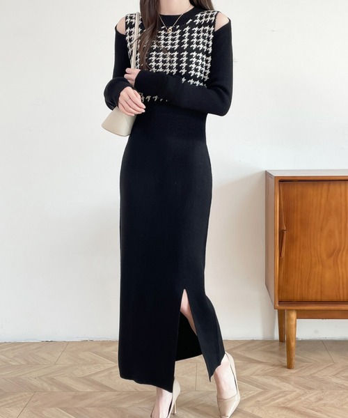 ABITOKYO（アビトーキョー）の「カットアウトスリットチェック柄切替ニットワンピース（ワンピース・レディース・ブラック/チャコールグレー/ブラウン・FREE）」の6枚目の写真