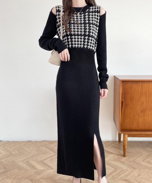 ABITOKYO（アビトーキョー）の「カットアウトスリットチェック柄切替ニットワンピース（ワンピース・レディース・ブラック/チャコールグレー/ブラウン・FREE）」の18枚目の写真