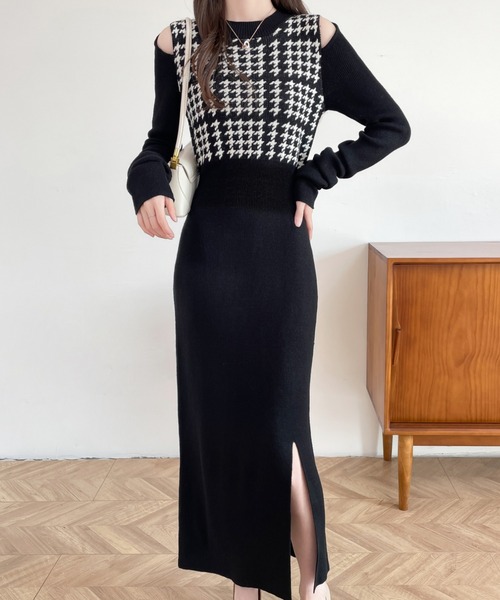 ABITOKYO（アビトーキョー）の「カットアウトスリットチェック柄切替ニットワンピース（ワンピース・レディース・ブラック/チャコールグレー/ブラウン・FREE）」の19枚目の写真