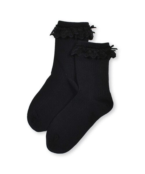 BeBe Petits Pois Vert（ベベプチポワヴェール）の「【店舗限定】ハート柄レースリボンソックス(15~24cm)（ソックス/靴下・キッズ・ホワイト/ブラック・L/XL/M）」の2枚目の写真