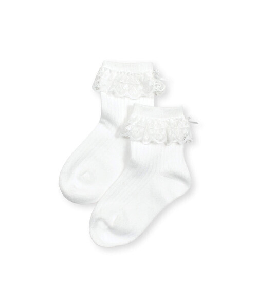 BeBe Petits Pois Vert（ベベプチポワヴェール）の「【店舗限定】ハート柄レースリボンソックス(15~24cm)（ソックス/靴下・キッズ・ホワイト/ブラック・L/XL/M）」の3枚目の写真