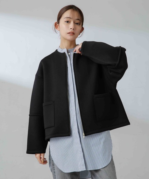 NANO universe（ナノユニバース）の「ダンボールカットノーカラージャケット（ノーカラージャケット・レディース・アイボリー/ブラック/モカ・FREE）」の4枚目の写真