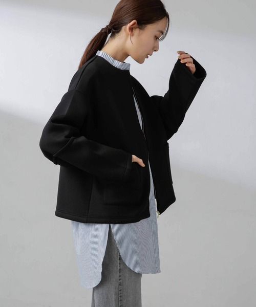 NANO universe（ナノユニバース）の「ダンボールカットノーカラージャケット（ノーカラージャケット・レディース・アイボリー/ブラック/モカ・FREE）」の6枚目の写真