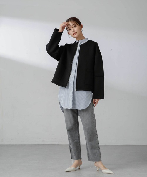 NANO universe（ナノユニバース）の「ダンボールカットノーカラージャケット（ノーカラージャケット・レディース・アイボリー/ブラック/モカ・FREE）」の8枚目の写真