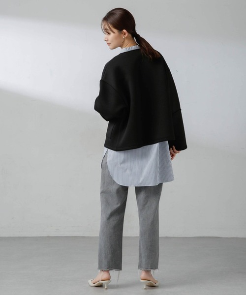 NANO universe（ナノユニバース）の「ダンボールカットノーカラージャケット（ノーカラージャケット・レディース・アイボリー/ブラック/モカ・FREE）」の10枚目の写真