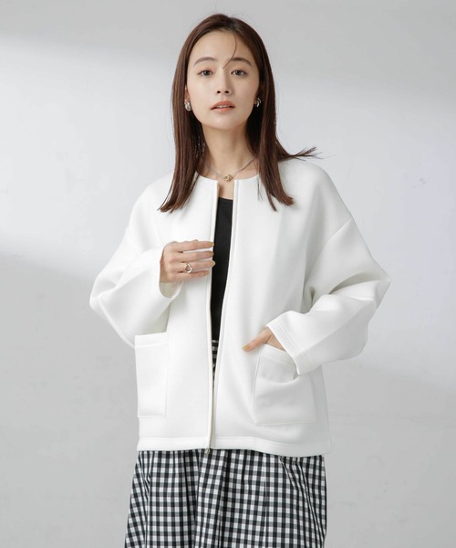 NANO universe（ナノユニバース）の「ダンボールカットノーカラージャケット（ノーカラージャケット・レディース・アイボリー/ブラック/モカ・FREE）」の12枚目の写真