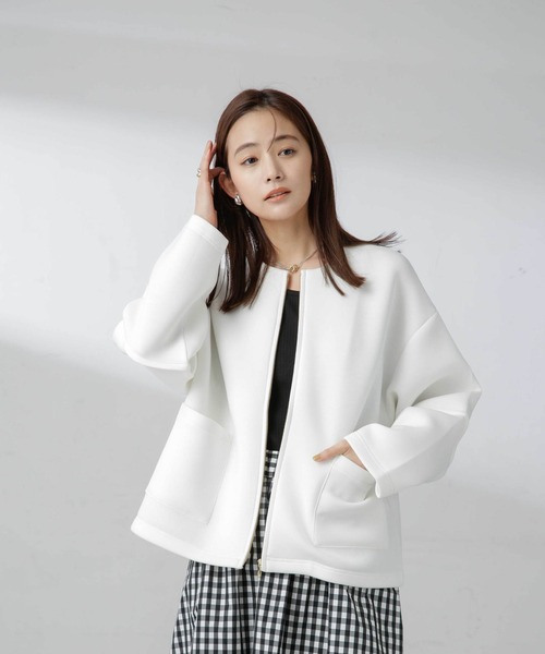 NANO universe（ナノユニバース）の「ダンボールカットノーカラージャケット（ノーカラージャケット・レディース・アイボリー/ブラック/モカ・FREE）」の13枚目の写真