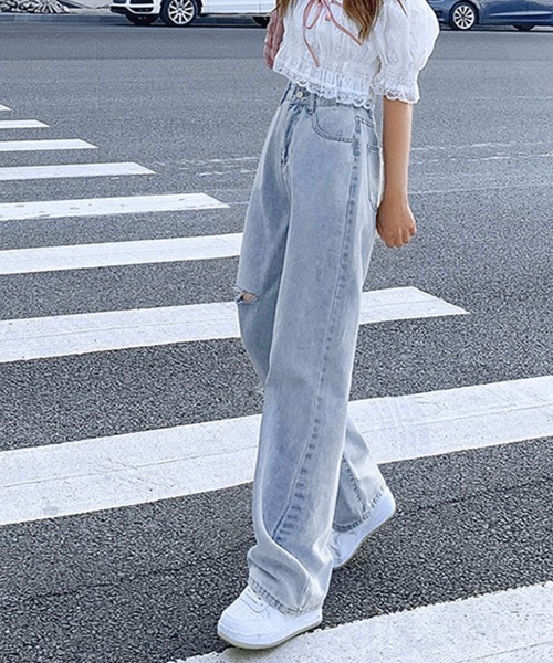 Miniministore(ミニミニストア)の「デニムストレートパンツ ダメージジーンス(デニムパンツ・レディース・サックスブルー/ホワイト/ブラック・L/M/S/XL)」の3枚目の写真