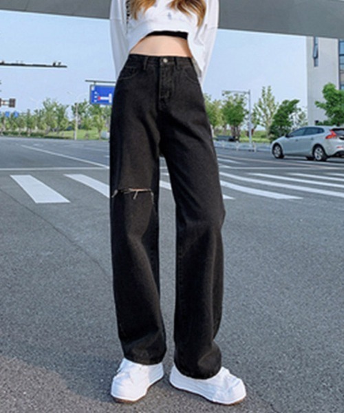 Miniministore(ミニミニストア)の「デニムストレートパンツ ダメージジーンス(デニムパンツ・レディース・サックスブルー/ホワイト/ブラック・L/M/S/XL)」の2枚目の写真