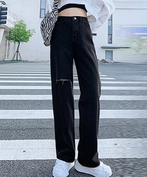 Miniministore(ミニミニストア)の「デニムストレートパンツ ダメージジーンス(デニムパンツ・レディース・サックスブルー/ホワイト/ブラック・L/M/S/XL)」の4枚目の写真