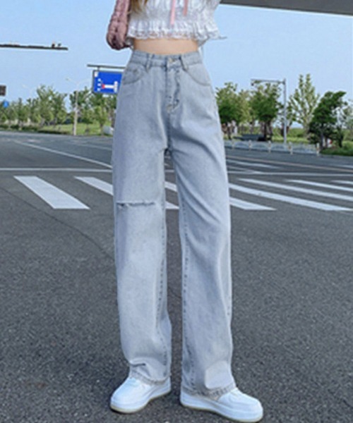 Miniministore(ミニミニストア)の「デニムストレートパンツ ダメージジーンス(デニムパンツ・レディース・サックスブルー/ホワイト/ブラック・L/M/S/XL)」の8枚目の写真