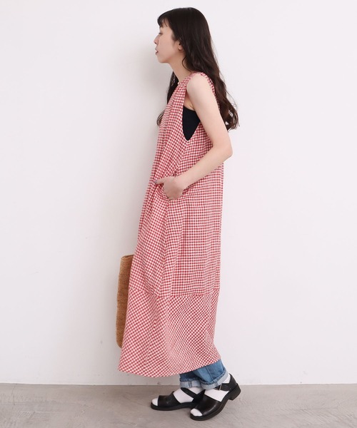 美品　45R 茶　ギンガムチェック　麻　ワンピース 美品 45R 茶 ギンガムチェック 麻 ワンピース