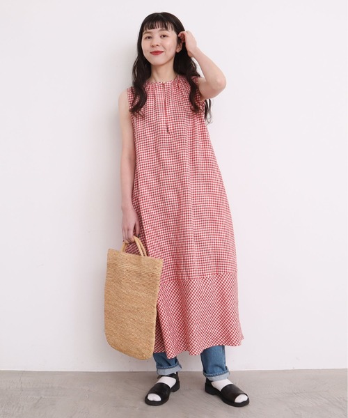 美品　45R 茶　ギンガムチェック　麻　ワンピース ギンガムチェックニットミニワンピース – Darich (ダーリッチ)
