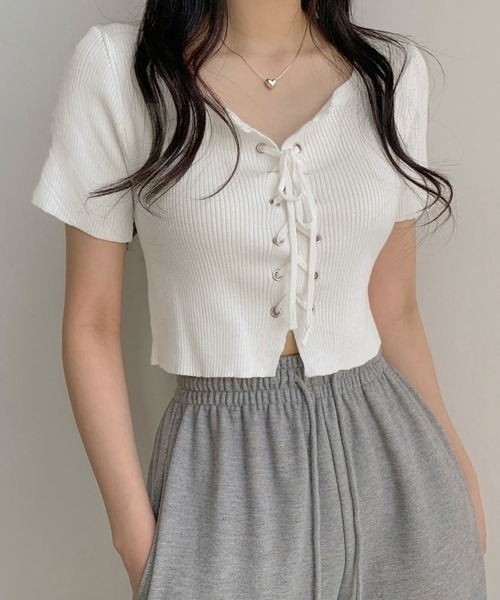 Miniministore(ミニミニストア)の「サマーニット ショート丈 ニットトップス(ニット/セーター・レディース・グレー/ホワイト/ブラック・FREE)」の2枚目の写真