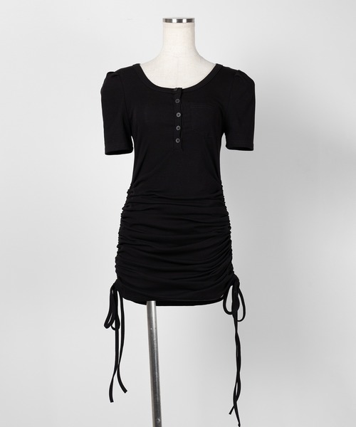 エムミーエメBack ribbon shirring mini onepiece セール】※※【 2color 】シャーリングリボンヘンリーネックミニ