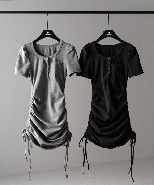 エムミーエメBack ribbon shirring mini onepiece セール】※※【 2color 】シャーリングリボンヘンリーネックミニ