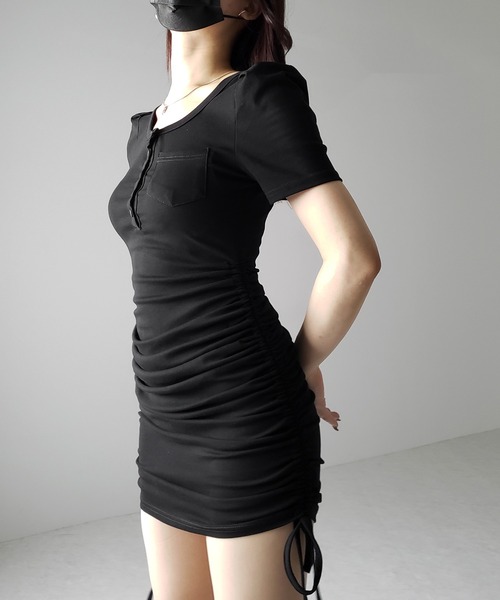 me+em select(ミームセレクト)の「※※【 2color 】シャーリングリボンヘンリーネックミニワンピース / shirring ribbon henley neck mini onepiece(ワンピース・レディース・グレー/ブラック・SMALL/MEDIUM)」の7枚目の写真