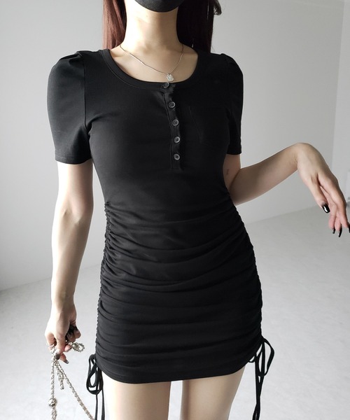 セール】※※【 2color 】シャーリングリボンヘンリーネックミニ