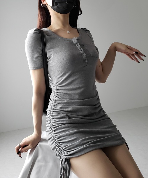 me+em select(ミームセレクト)の「※※【 2color 】シャーリングリボンヘンリーネックミニワンピース / shirring ribbon henley neck mini onepiece(ワンピース・レディース・グレー/ブラック・SMALL/MEDIUM)」の20枚目の写真