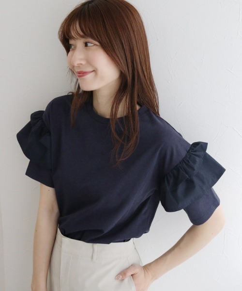 Pierrot（ピエロ）の「【イージーケア】肩フリルドッキングカットソー（Tシャツ/カットソー・レディース・ブラック/オフホワイト/ネイビー・M/L）」の17枚目の写真