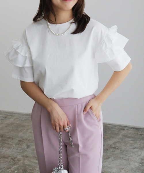 Pierrot（ピエロ）の「【イージーケア】肩フリルドッキングカットソー（Tシャツ/カットソー・レディース・ブラック/オフホワイト/ネイビー・M/L）」の20枚目の写真