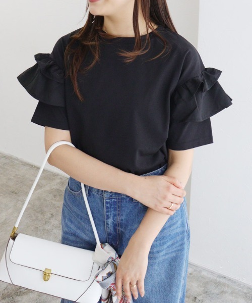 Pierrot（ピエロ）の「【イージーケア】肩フリルドッキングカットソー（Tシャツ/カットソー・レディース・ブラック/オフホワイト/ネイビー・M/L）」の22枚目の写真